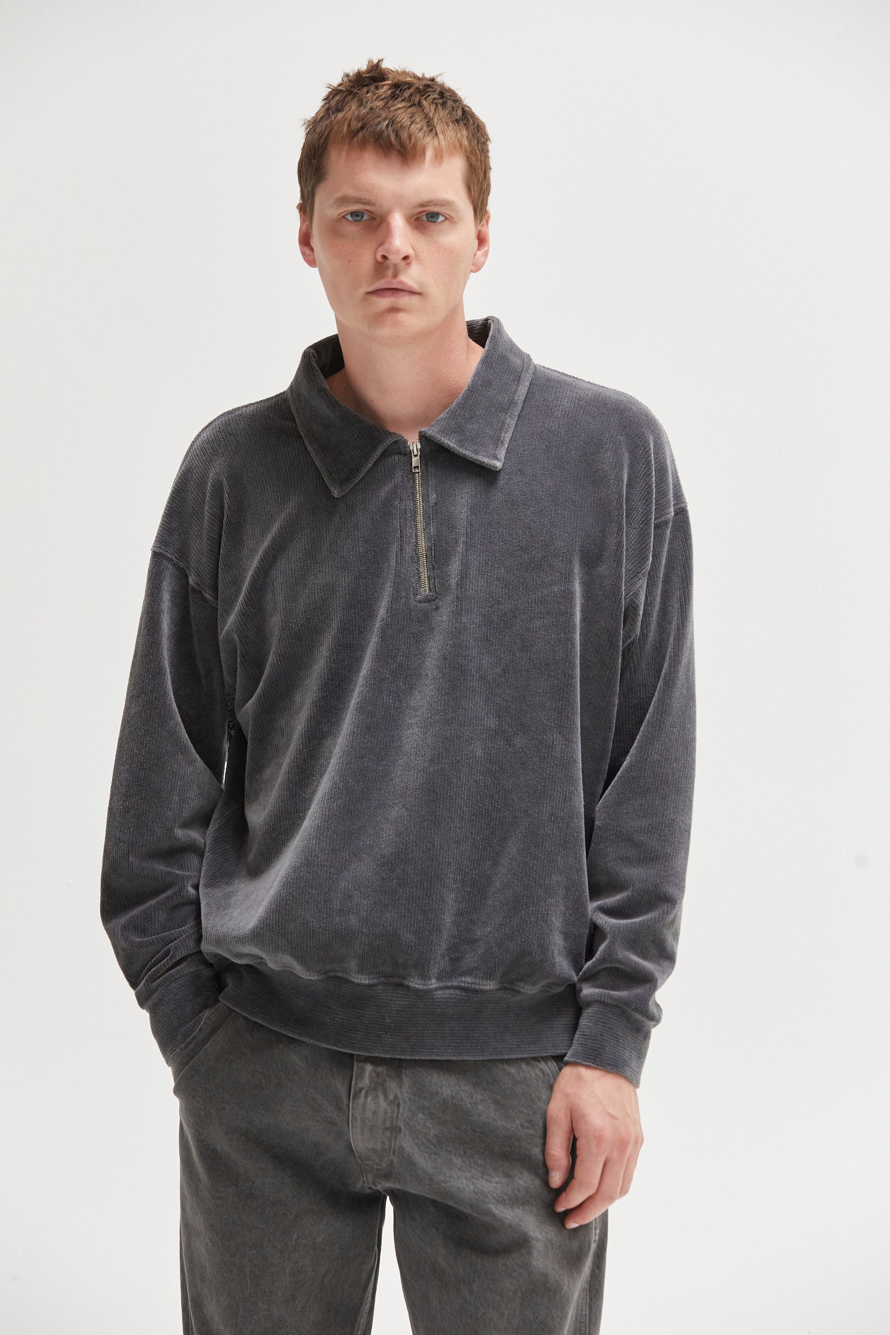 CLAUDE VELOUR 1/4 ZIP - WASHED BLACK - Assembly Showroom