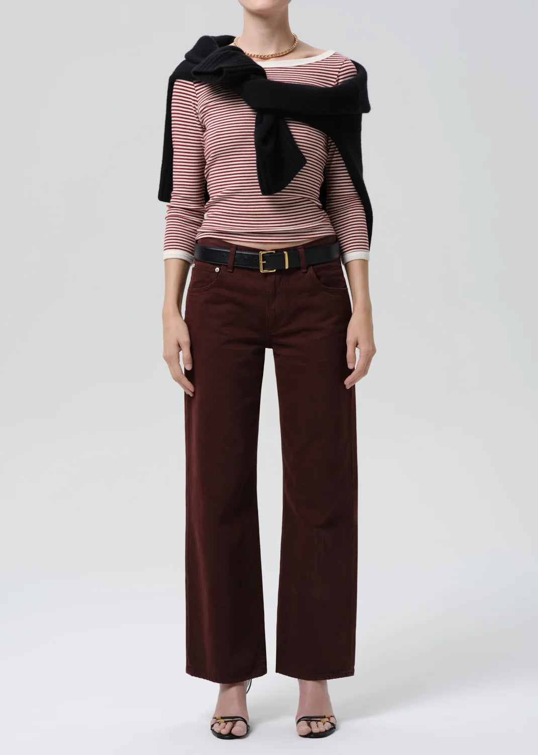 3/4 SLV BOAT NECK TEE - BURGUNDY STRIPE
