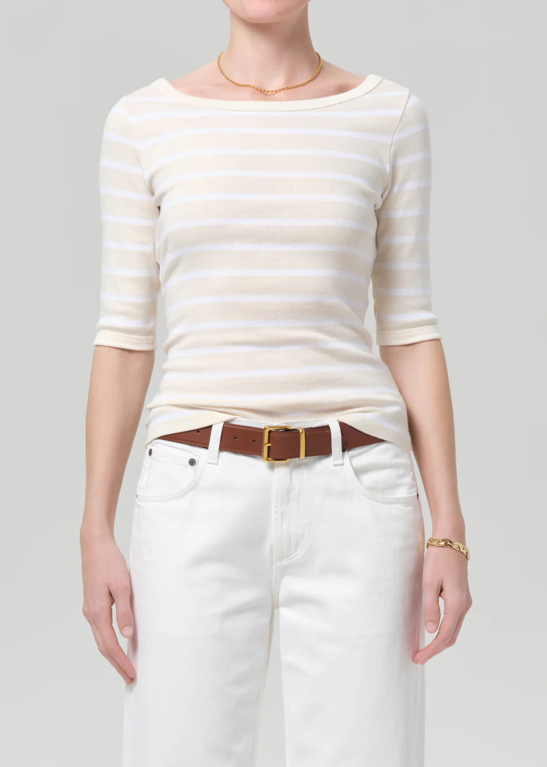 3/4 SLV BOAT NECK TEE - BRULEE STRIPE