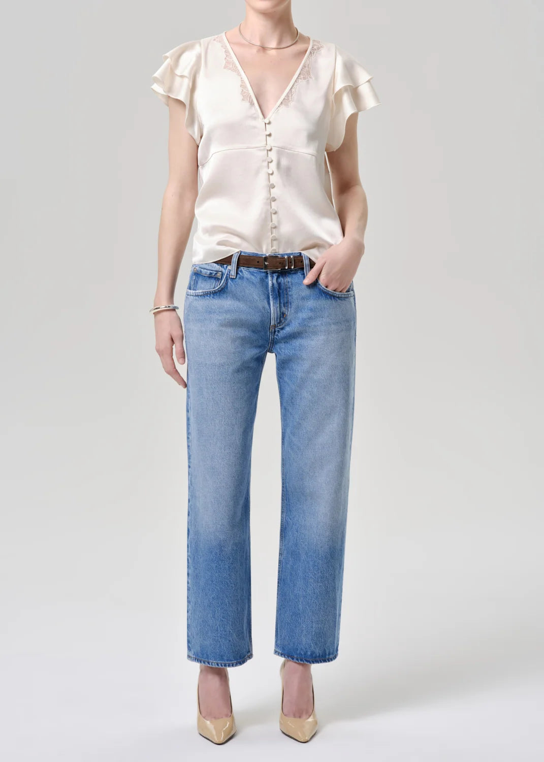 LOLA FLUTTER LACE SLV TOP - CREAM