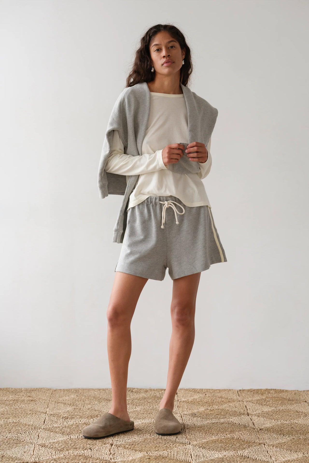 STRIPE ECO-TERRY SHORT - HEATHER GREY