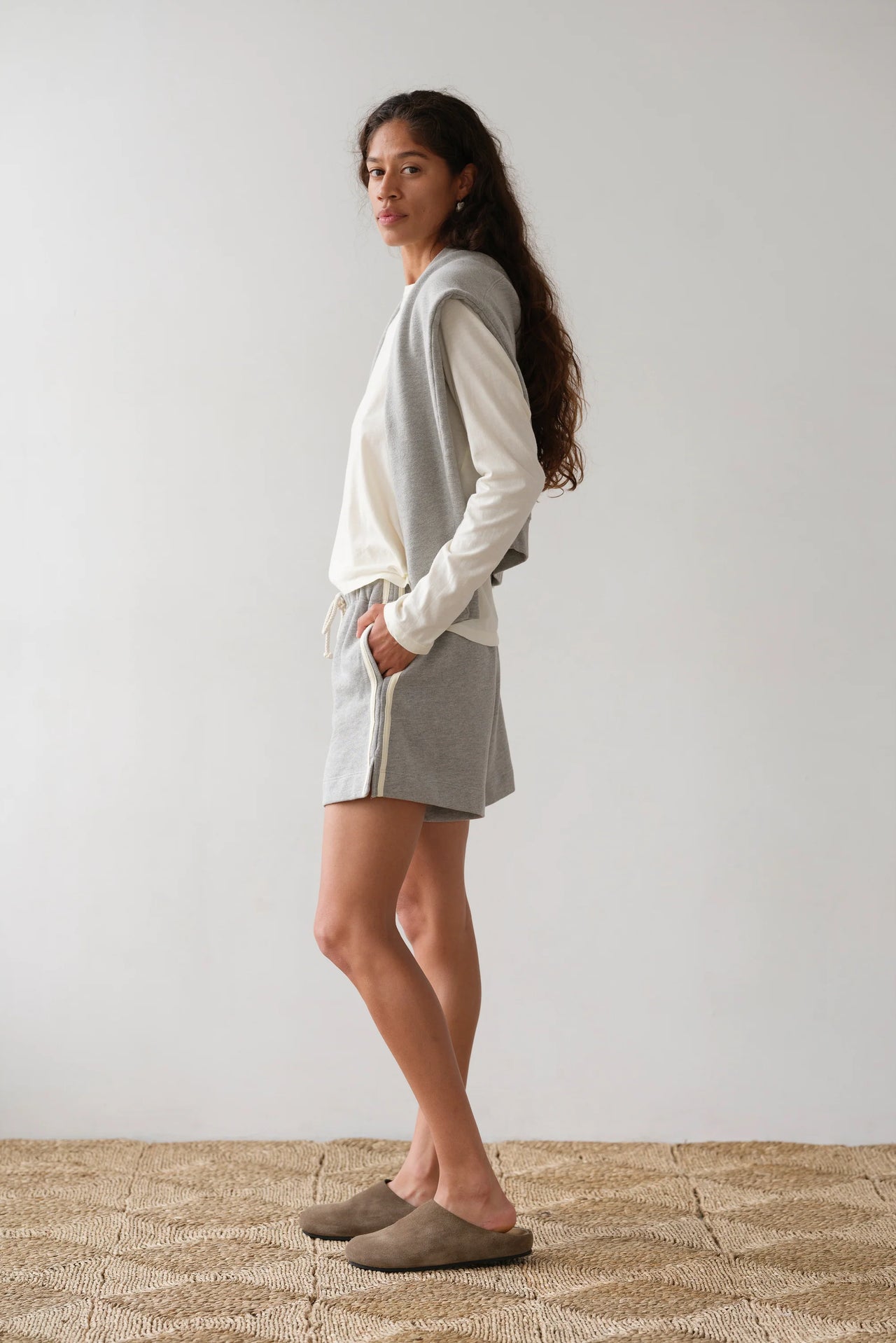 STRIPE ECO-TERRY SHORT - HEATHER GREY