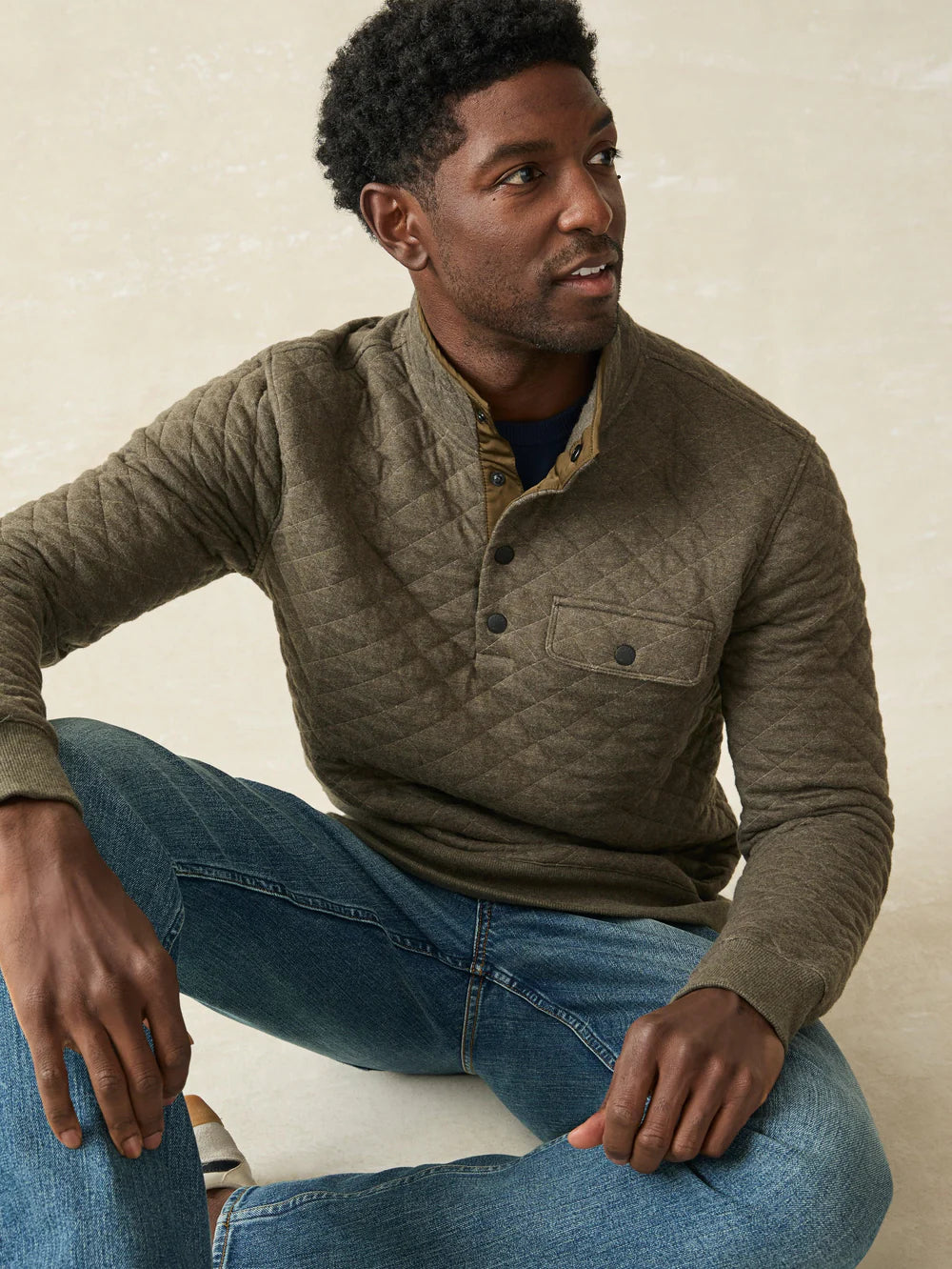 EPIC QUILTED FLEECE PULLOVER - OLIVE MELANGE