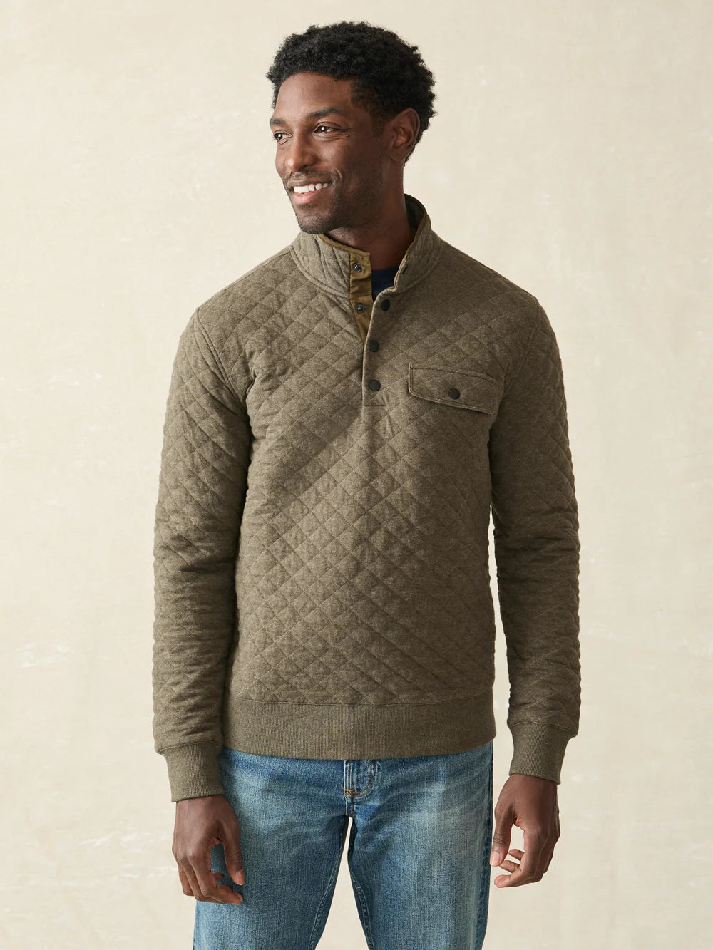 EPIC QUILTED FLEECE PULLOVER - OLIVE MELANGE