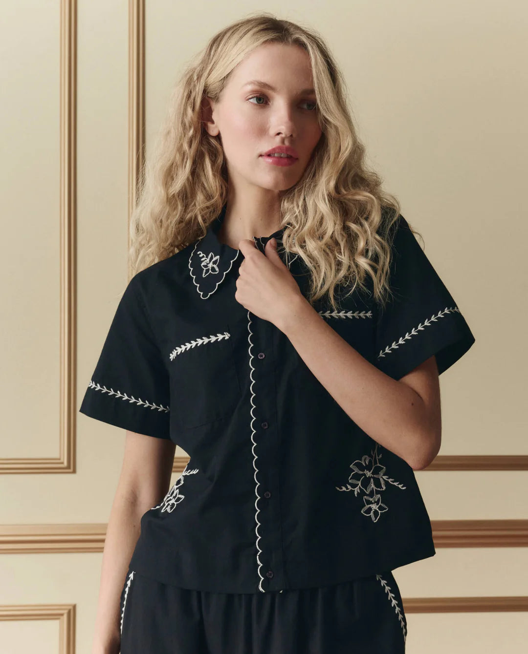 THE BOWLING SHIRT W/ HANKY EMBROIDERY - BLACK