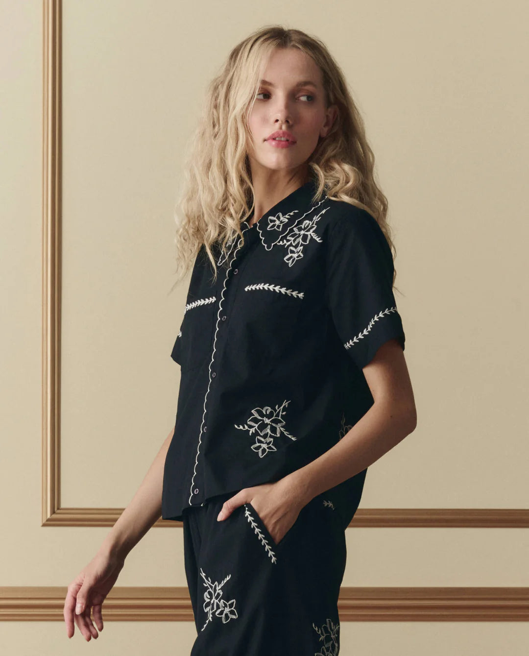THE BOWLING SHIRT W/ HANKY EMBROIDERY - BLACK