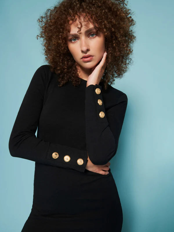 THEO CONTRAST MIDI W/ GOLD BUTTONS - JET BLACK