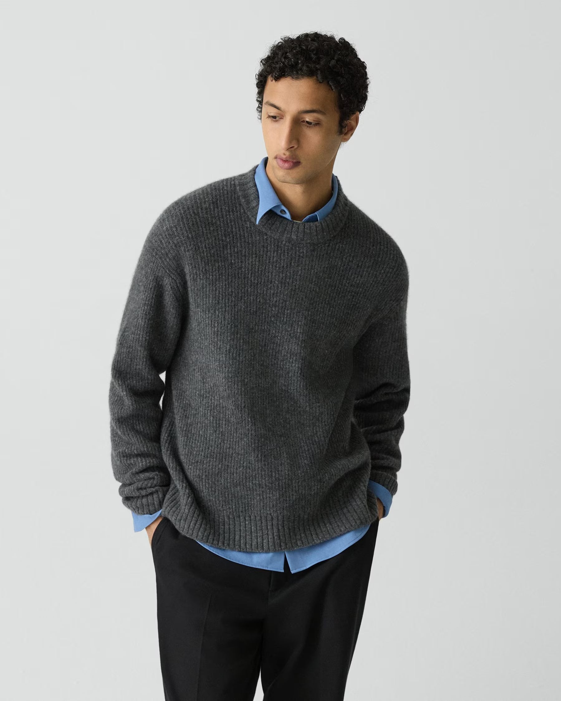 WOOL RELAXED CREWNECK SWEATER - CHARCOAL