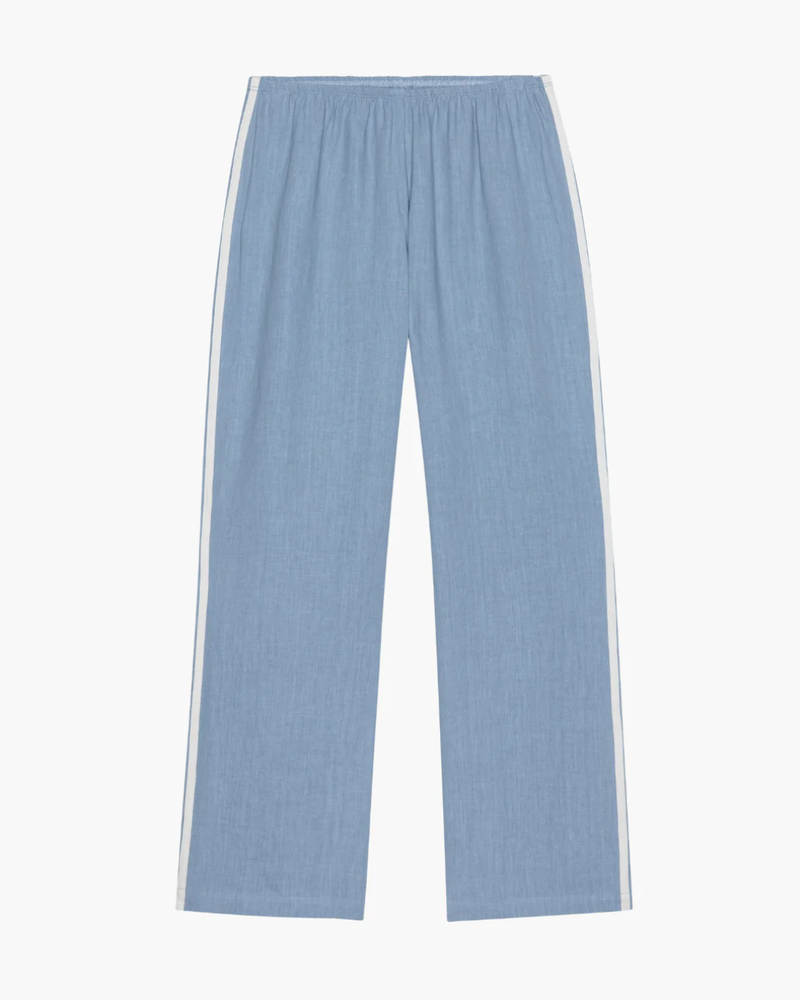 LINEN CROP RACER STRIPE PANT - CORNFLOWER