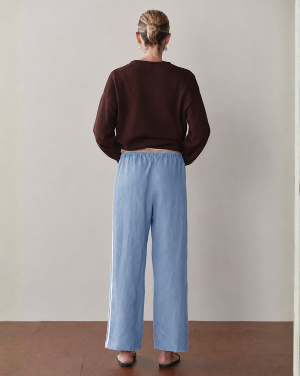 LINEN CROP RACER STRIPE PANT - CORNFLOWER