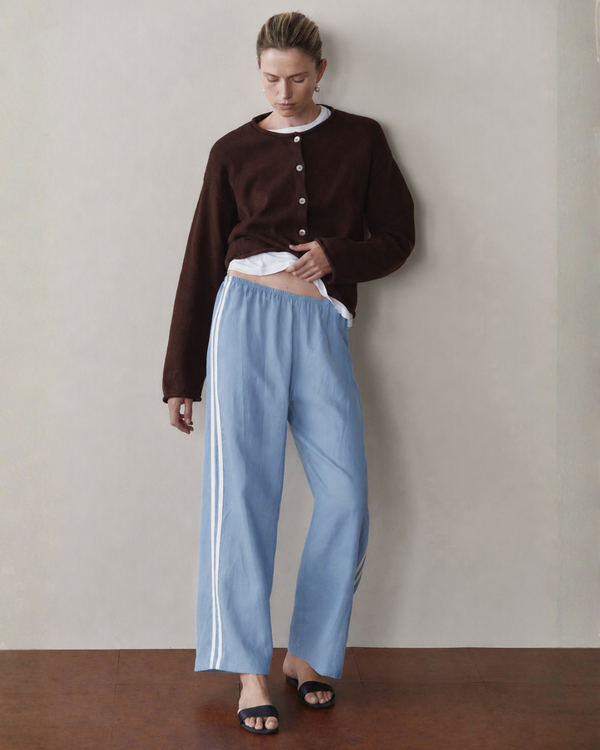 LINEN CROP RACER STRIPE PANT - CORNFLOWER