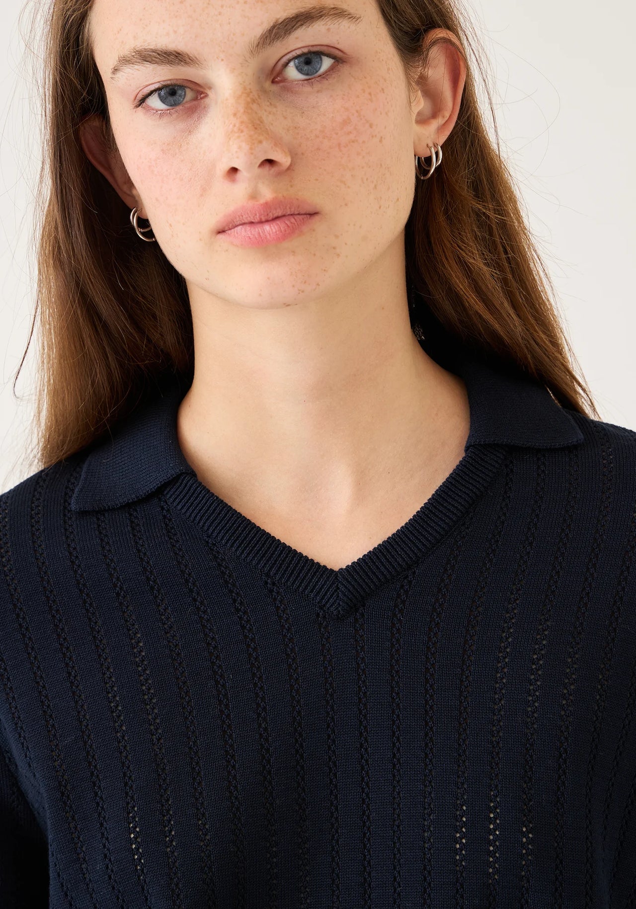 ASTER POINTELLE COTTON POLO - NAVY