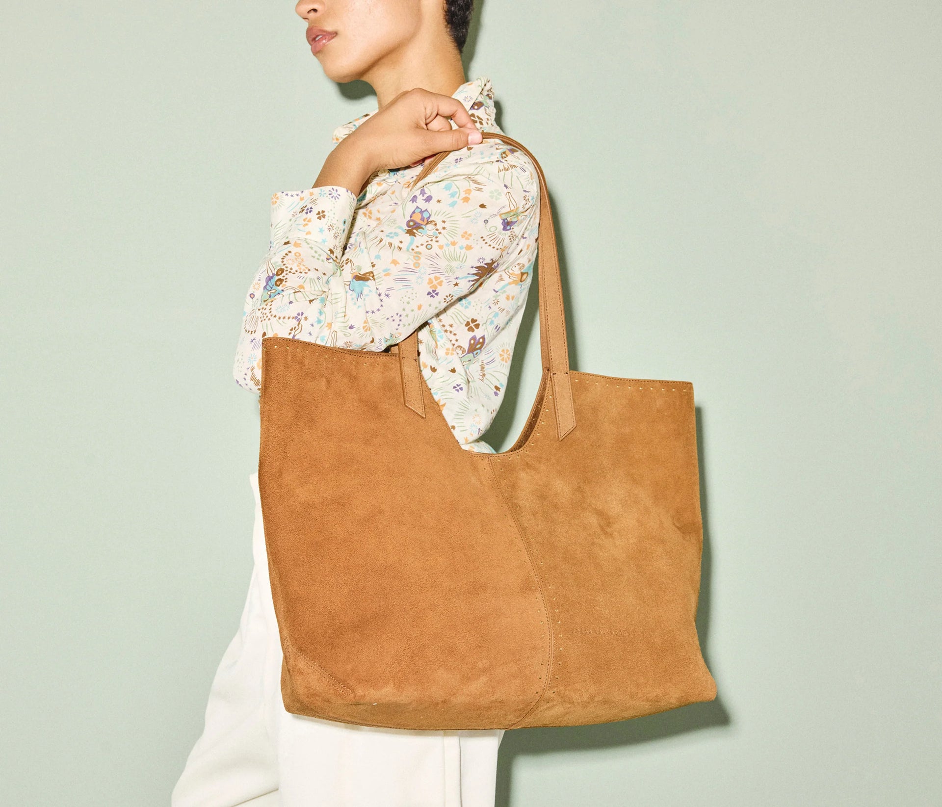 AVERY SUEDE TOTE W/ STUDS - SADDLE BROWN