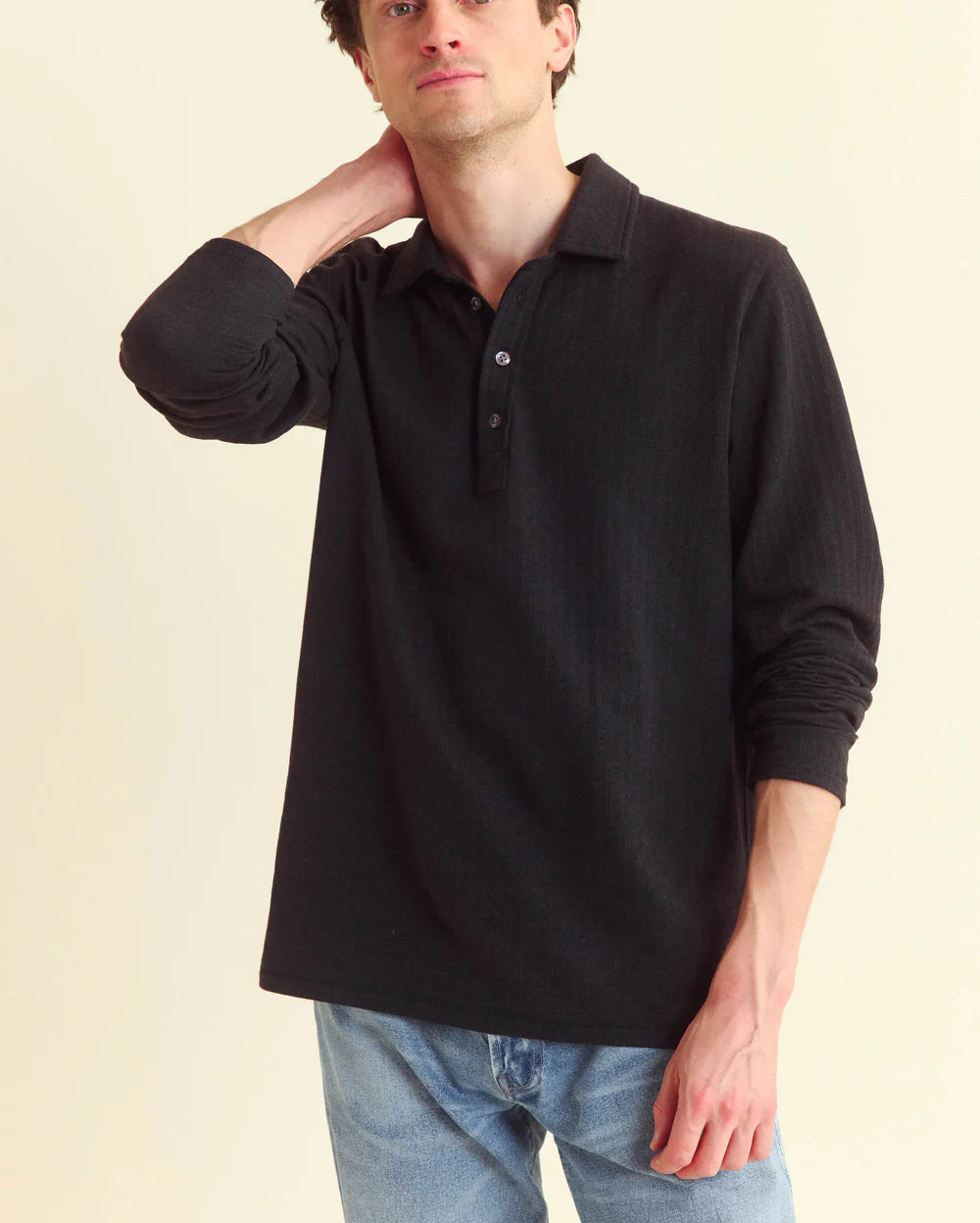 L/S HERRINGBONE POLO - BLACK