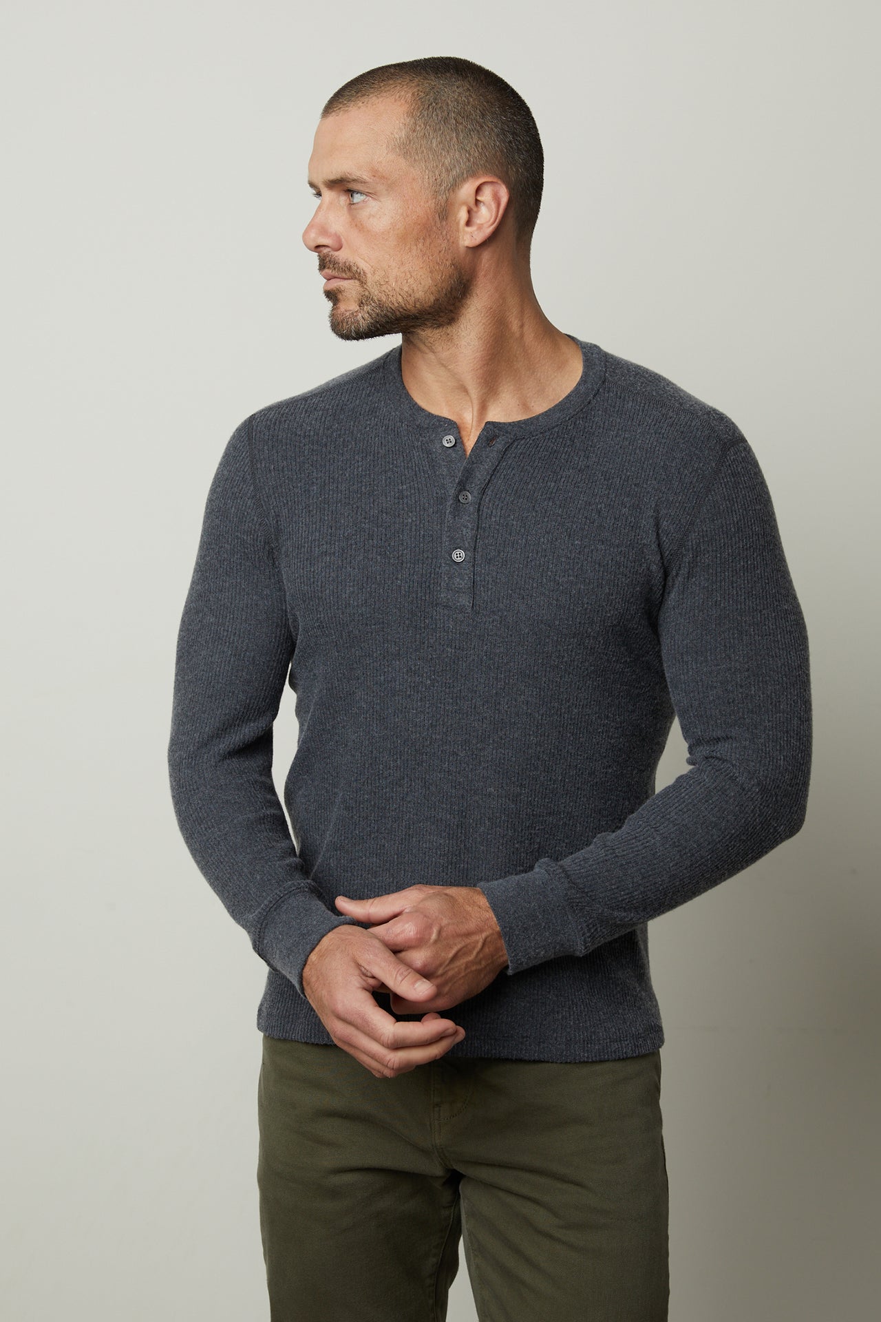 ANDERSON RIB KNIT HENLEY - ANTHRACITE