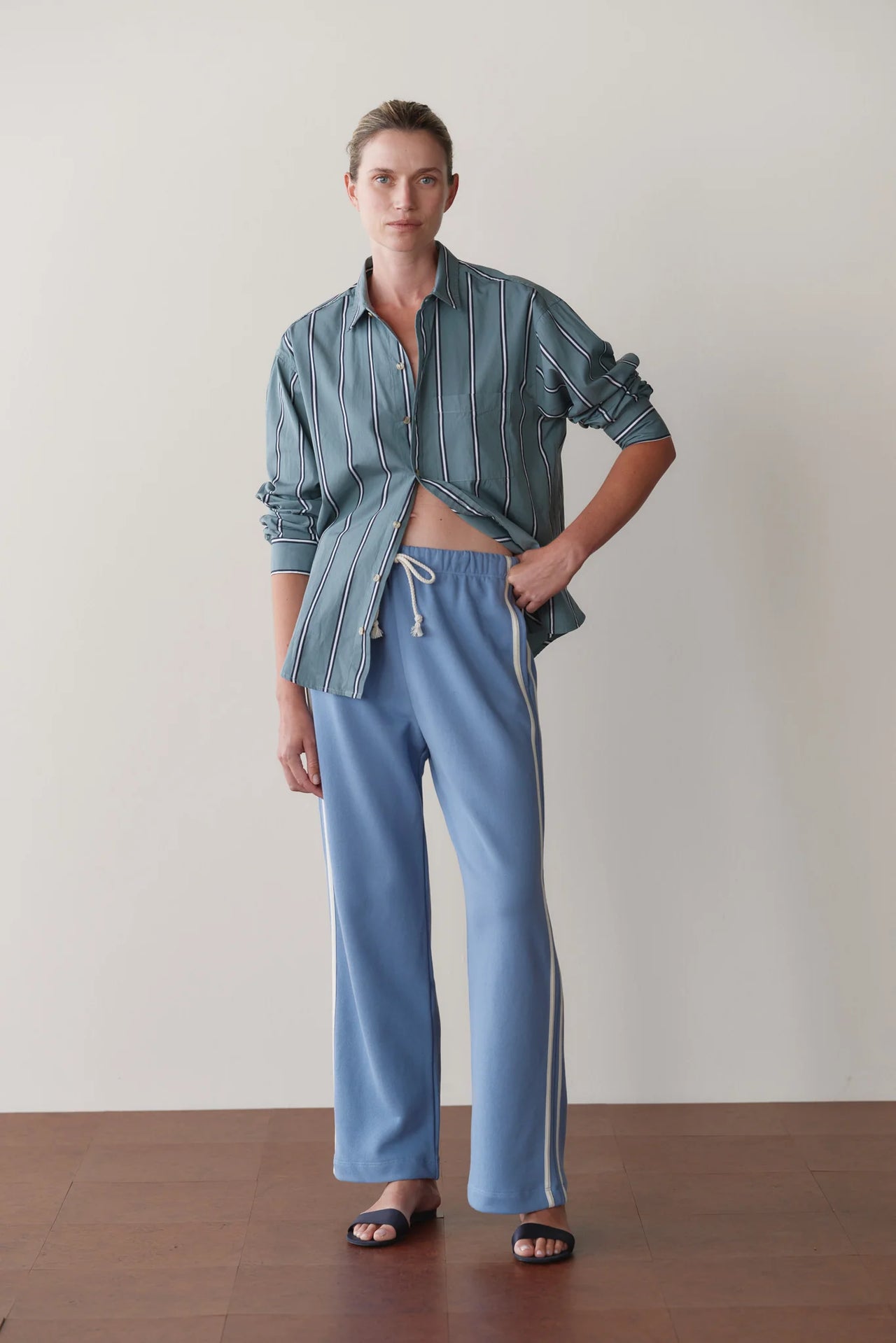 ECO-TERRY STRIPE PANT - CORNFLOWER
