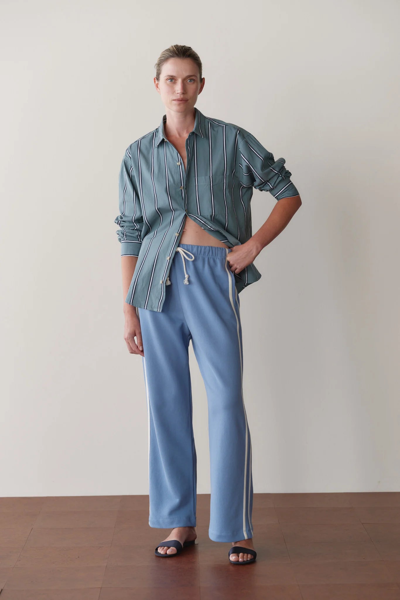ECO-TERRY STRIPE PANT - CORNFLOWER