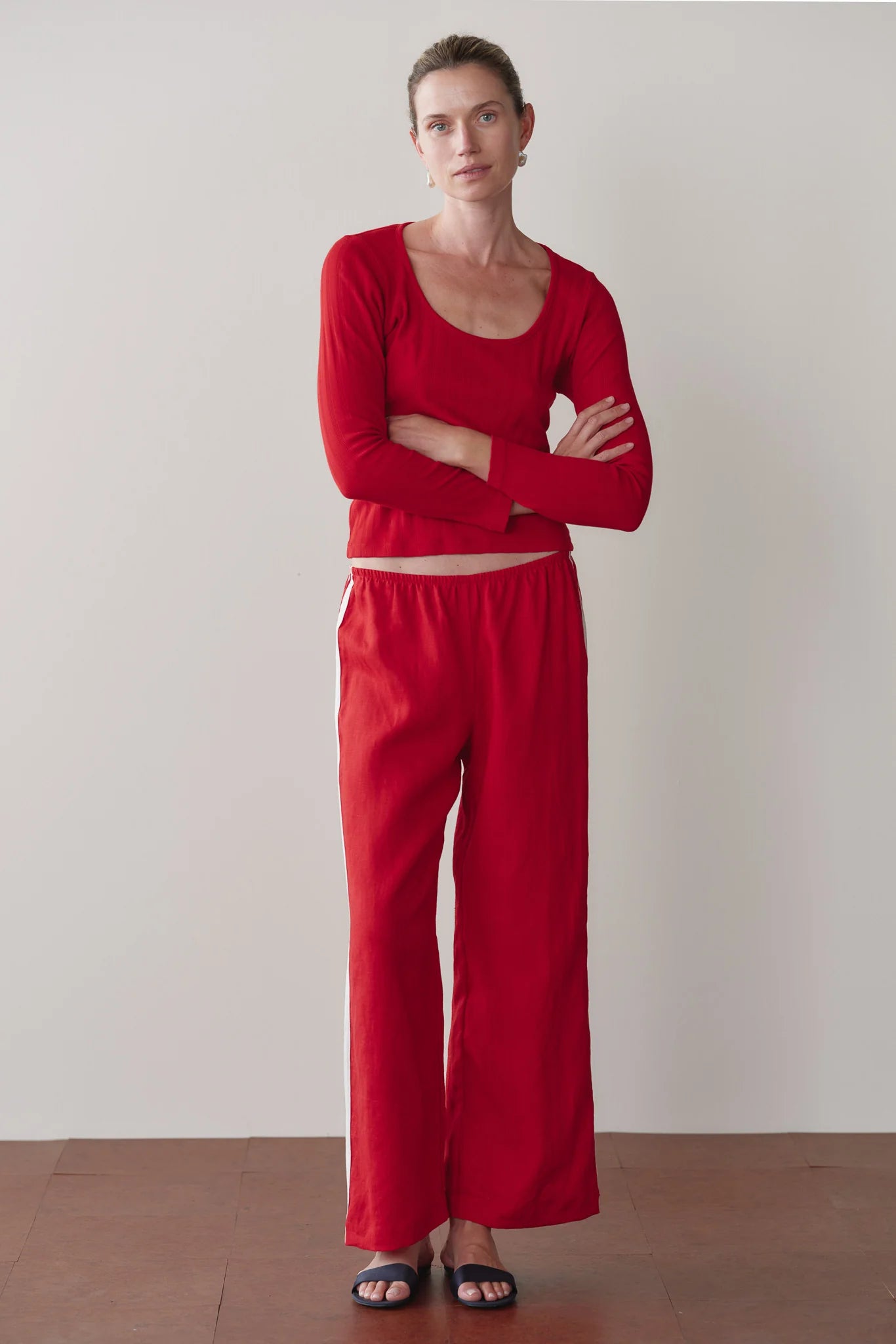 LINEN CROP RACER STRIPE PANT - BELL PEPPER