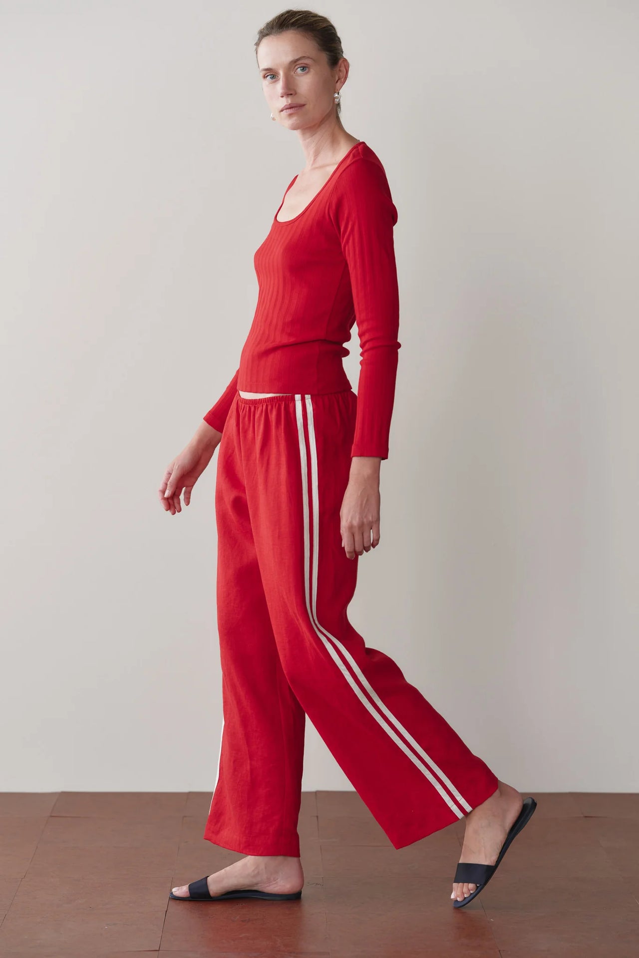 LINEN CROP RACER STRIPE PANT - BELL PEPPER