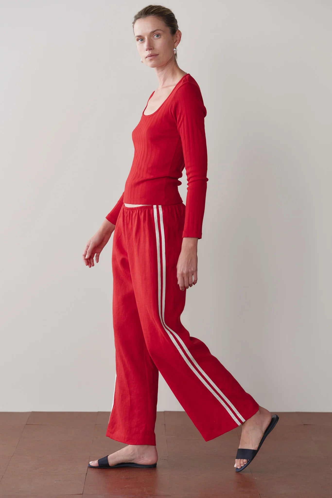 LINEN CROP RACER STRIPE PANT - BELL PEPPER