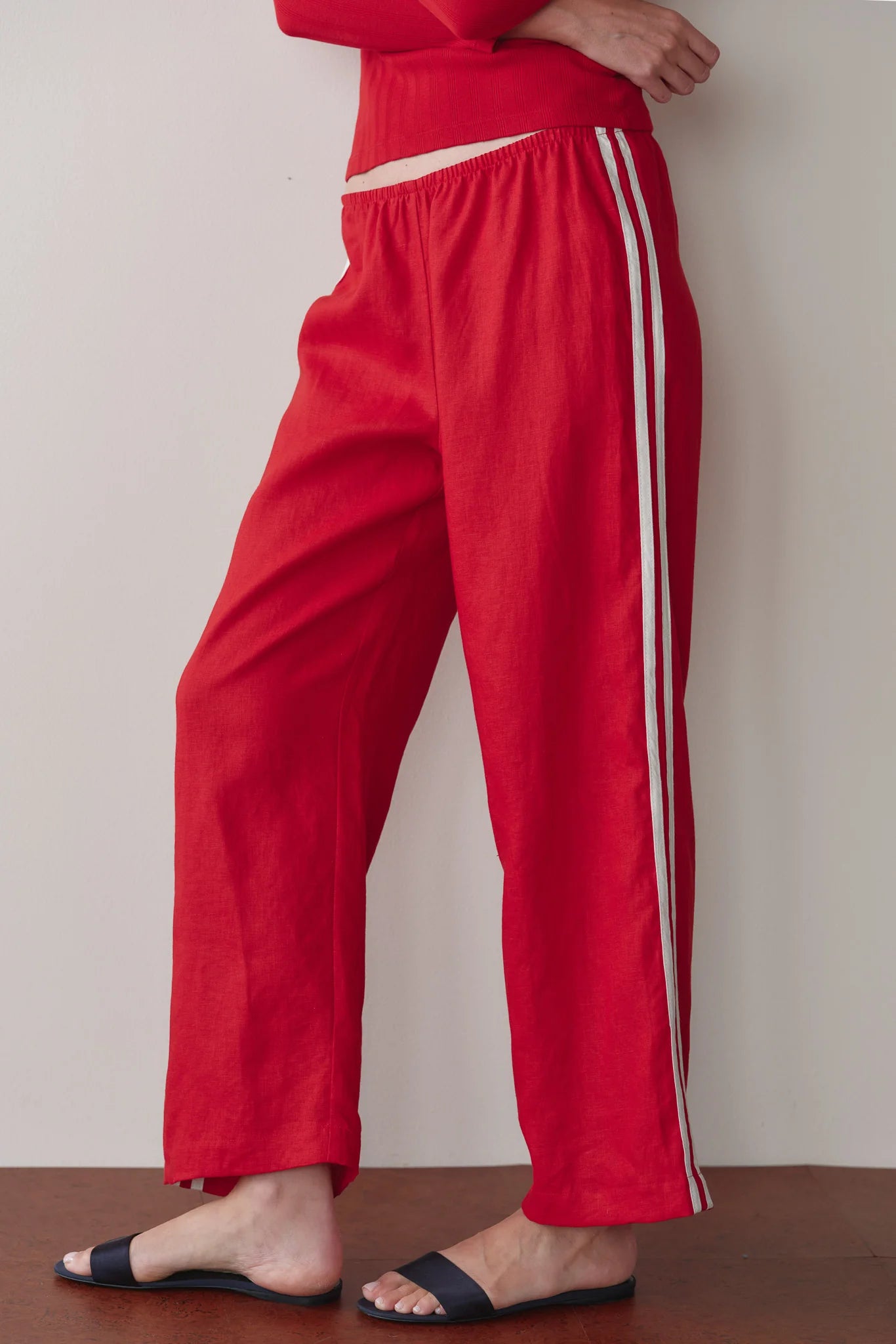 LINEN CROP RACER STRIPE PANT - BELL PEPPER