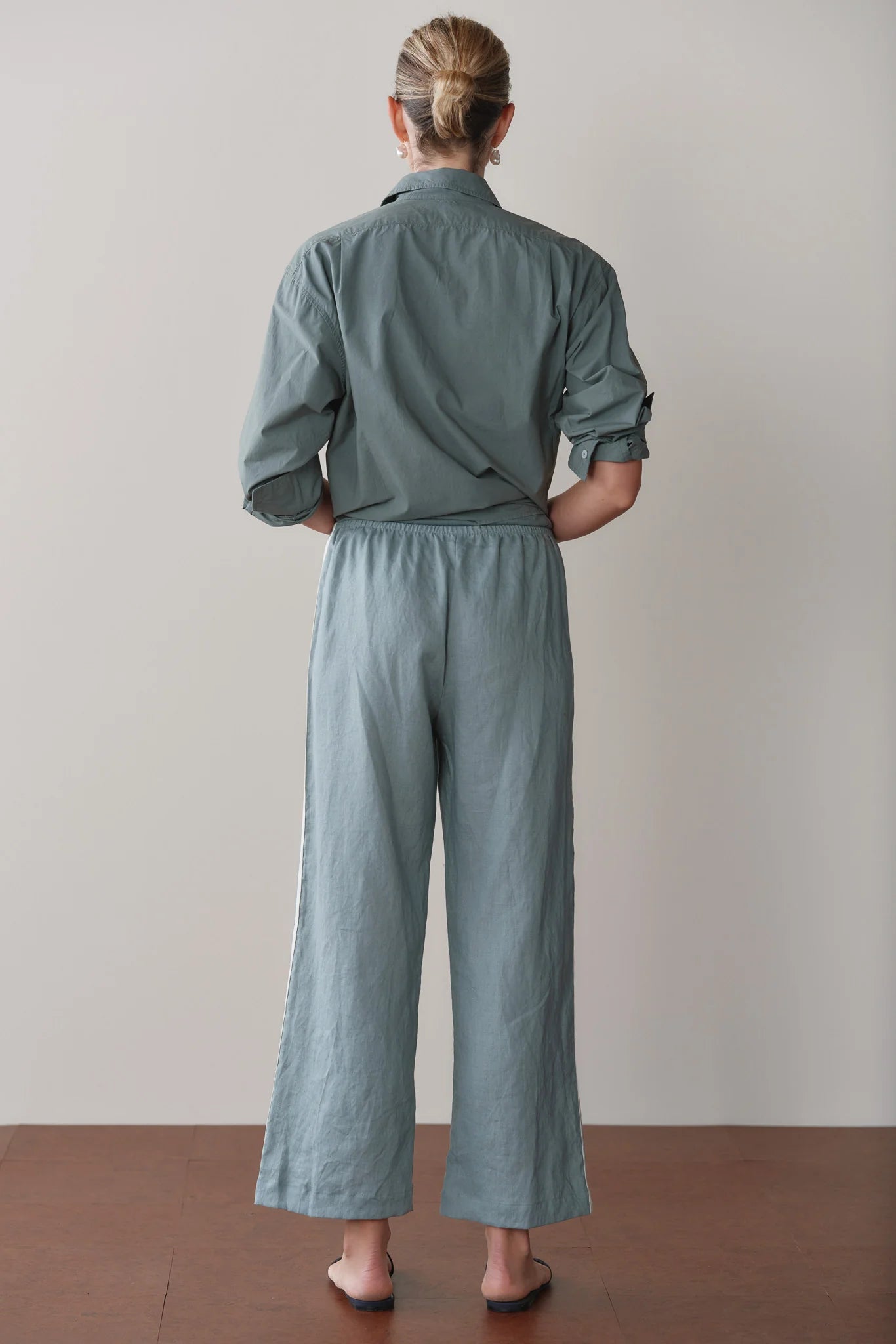 LINEN CROP RACER STRIPE PANT - SAGE