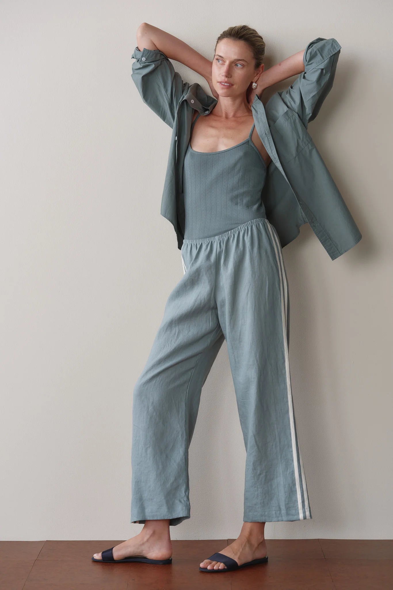 LINEN CROP RACER STRIPE PANT - SAGE