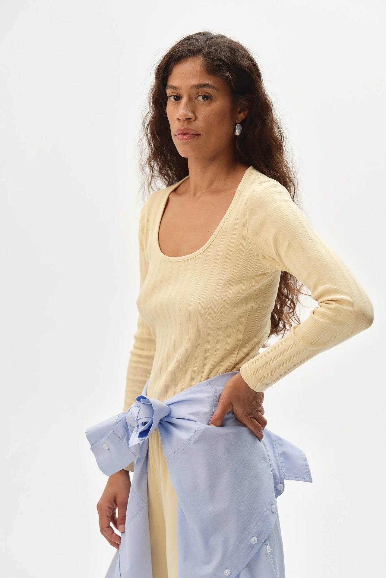 VARIED RIB L/S SCOOP SHIRT - BUTTER