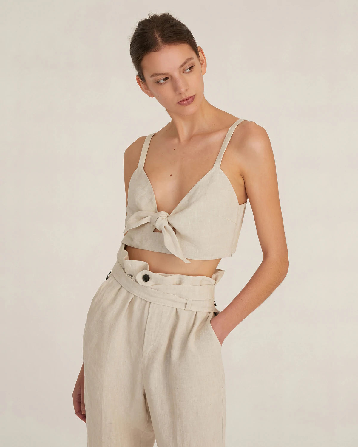 PALOMA LINEN TIE-FRONT CROP TOP - FLAX