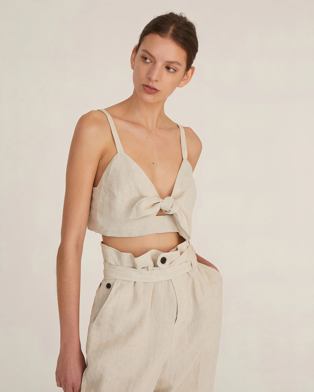 PALOMA LINEN TIE-FRONT CROP TOP - FLAX